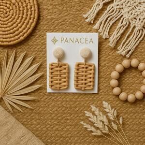Panacea Woven Rattan Rectangle Drop Earrings Neutral Boho Statement Jewelry